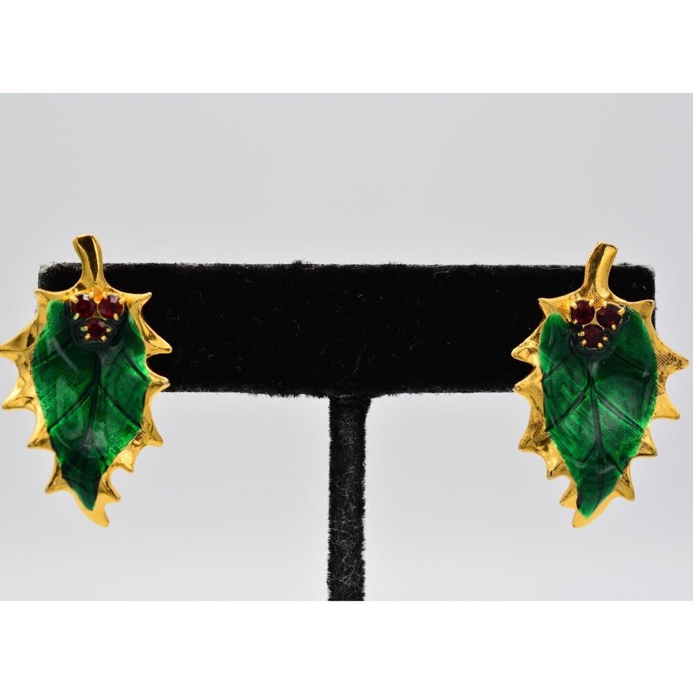 Vintage Christmas Clip On Earrings Holly Berry Green Enamel Gold Red 1980s BinAA